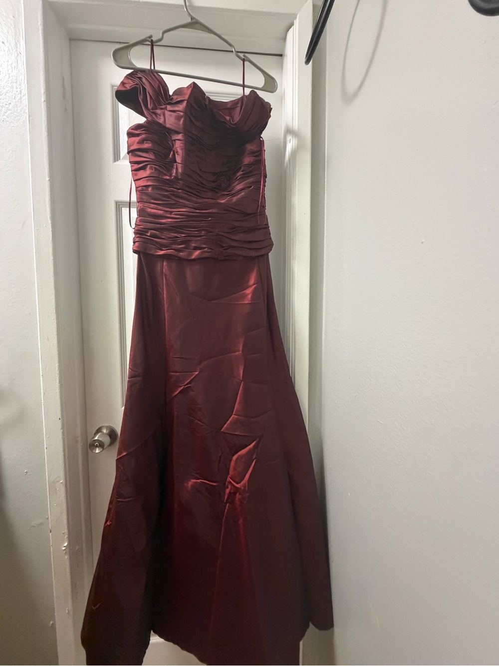 JS Collections Wine Strapless Ruched Prom Gown